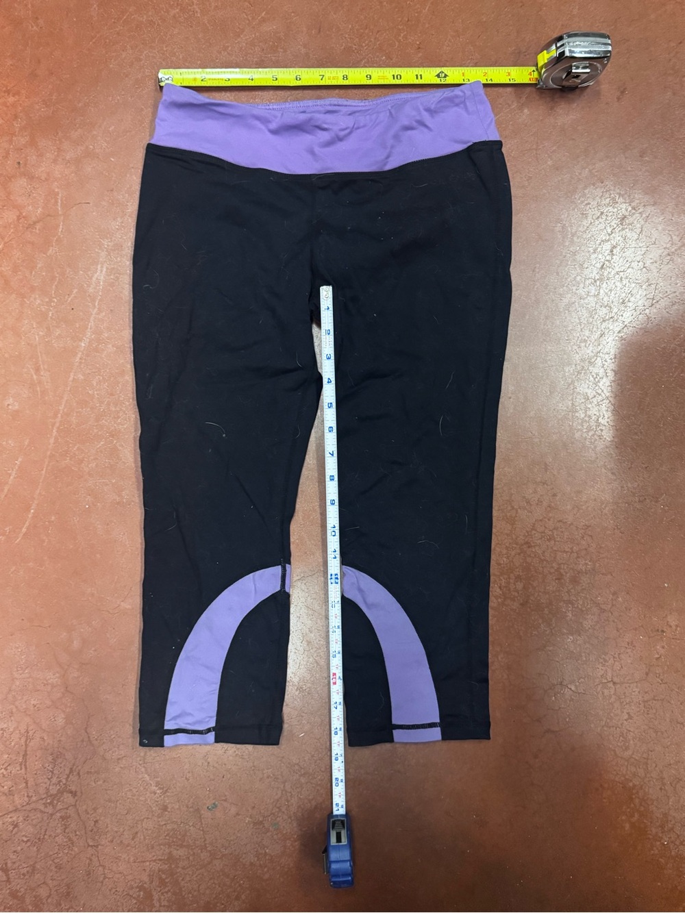 Baleaf Black Capri Leggings with Purple Waistband and Calf Accents